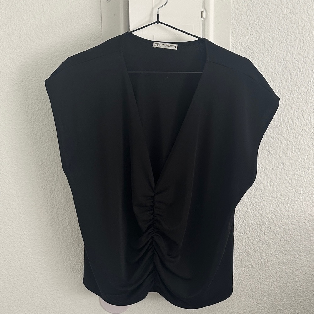 Black Ruched V-Neck Top chiffon